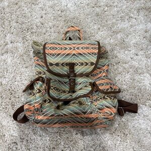 Santa Fe Aztec Patterned Backpack with Brown Accents